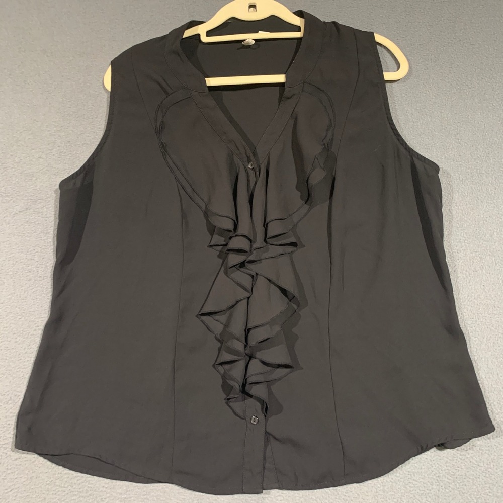 Cato Ruffle Front Blouse Womens 18/20W Black Excellent Sleeveless V-Neck Top